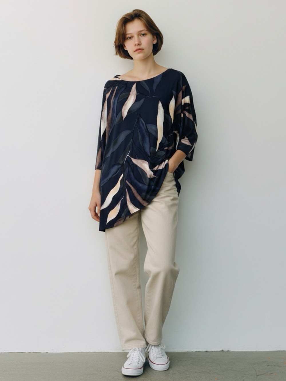 Clara Sun Woo Navy Leaf-Print Asymmetric Tunic